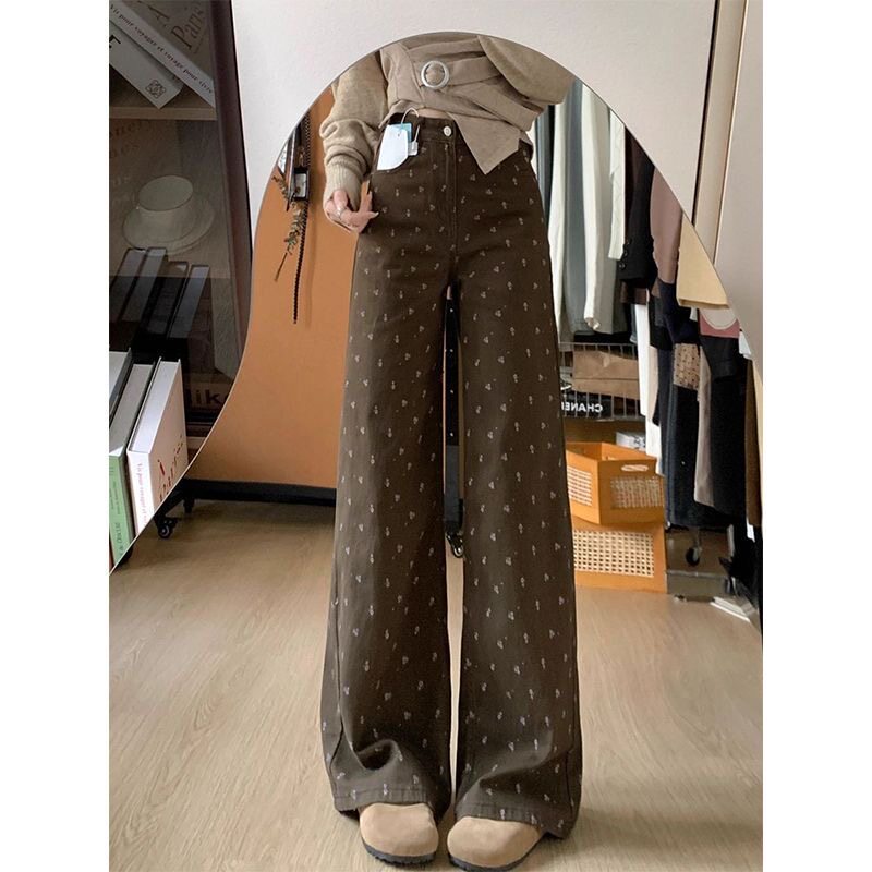 小个子碎花设计阔腿牛仔裤美式复古145CM高腰宽松显瘦直筒长裤XS