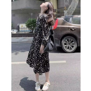 小个子法式复古碎花v领系带连衣裙女150cm气质收腰长袖长裙xs码秋