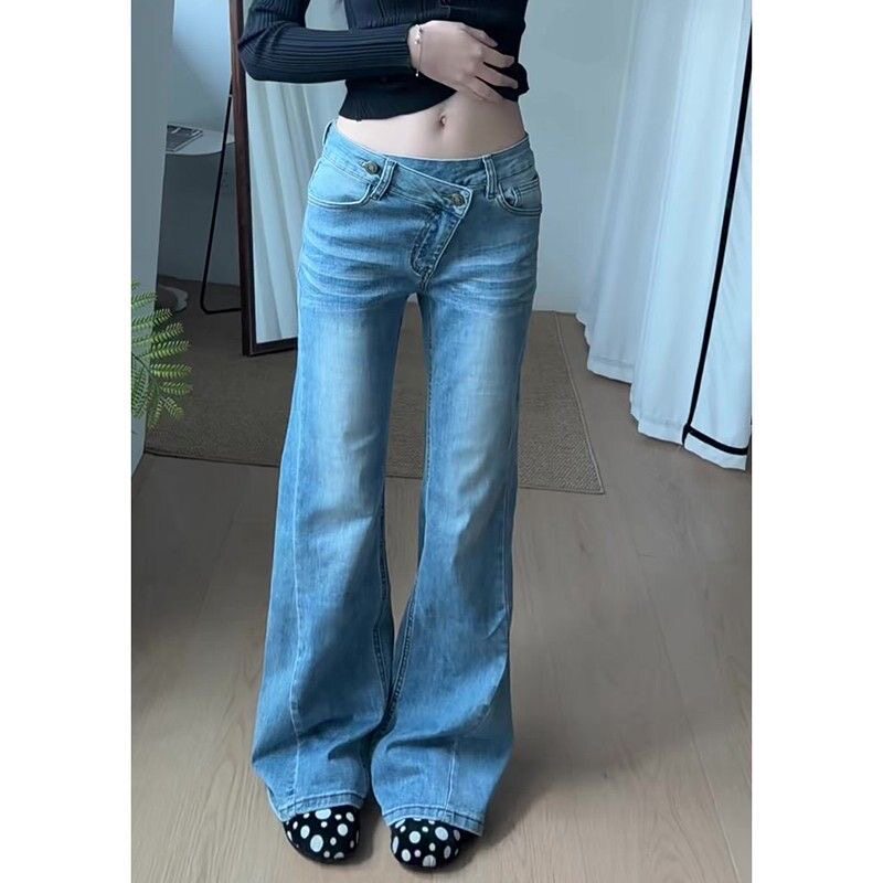 小个子美式蓝色低腰微喇牛仔裤设计感不规则修身显瘦弹力喇叭裤XS