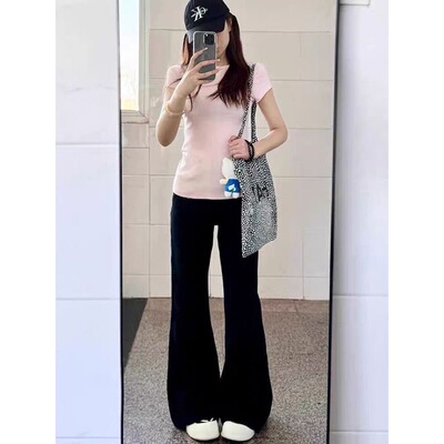 小个子黑色微喇叭牛仔裤百搭显瘦辣妹150cm低腰不贴腿马蹄拖地裤