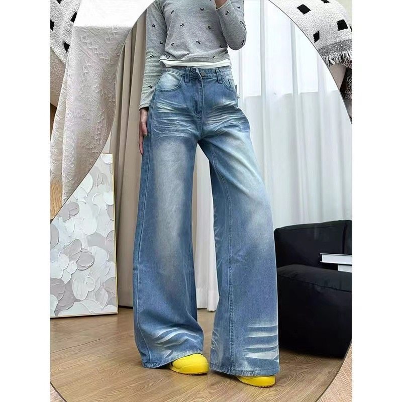 小个子美式折痕阔腿牛仔裤设计感显高145高腰显瘦宽松直筒拖地裤