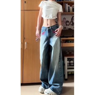 显高穿搭小个子复古设计感阔腿牛仔裤145CM低腰宽松直筒拖地长裤