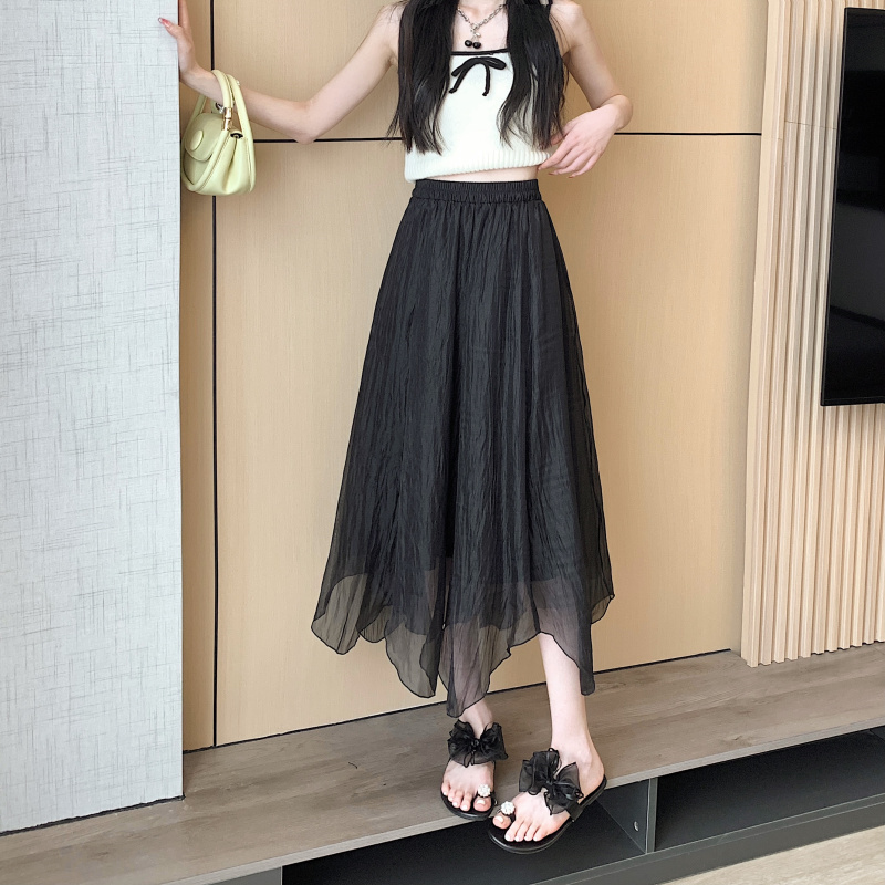 矮小个子145cm高腰网纱黑色半身裙夏季薄款百搭显瘦中长款a字裙女