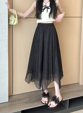 矮小个子145cm高腰网纱黑色半身裙夏季薄款百搭显瘦中长款a字裙女