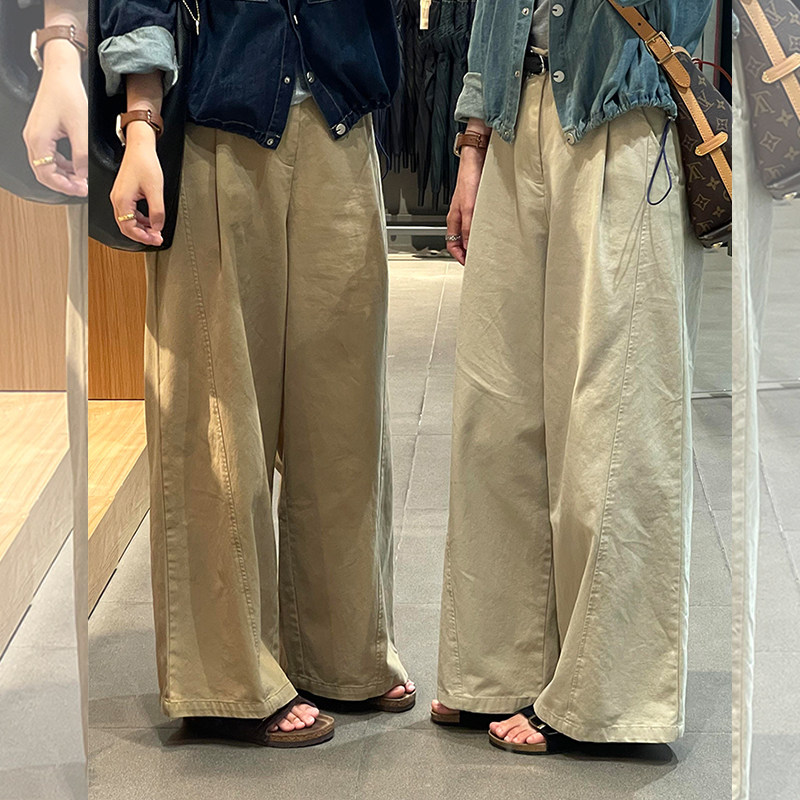 145浅卡其工装阔腿休闲裤女秋新款矮个子梨形身材高腰遮胯直筒裤