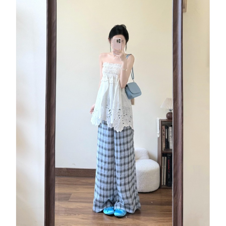 夏日ootd穿搭一整套女夏季镂空抹胸长款上衣高腰格子休闲裤套装薄