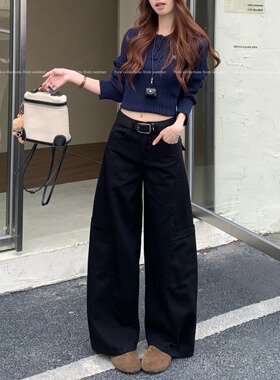 矮小个子美式黑色直筒工装牛仔裤145CM高腰显瘦宽松阔腿拖地裤潮