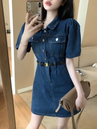 小矮个子145CMpolo领牛仔连衣裙女韩版收腰a字包臀短裙xxs码夏女