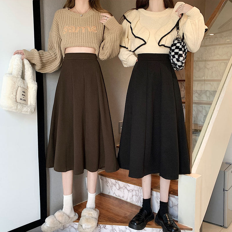 小个子咖色半身裙毛呢a字裙秋冬季厚款保暖大裙摆伞裙中长款xxs码