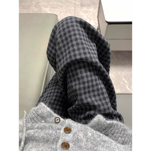 宽松显瘦阔腿休闲裤 145cm小个子高腰黑灰色毛呢格子裤 女 新款 秋季
