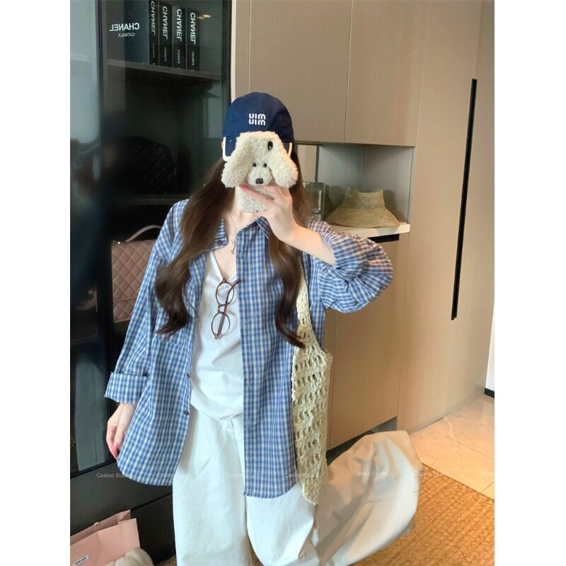 矮小个子蓝色格子衬衫减龄百搭150cm宽松POLO领长袖防晒衬衣XS女