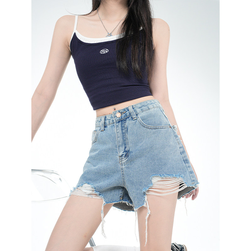 矮小个子复古高腰牛仔短裤设计感破洞A字阔腿裤150cm显高热裤XS女