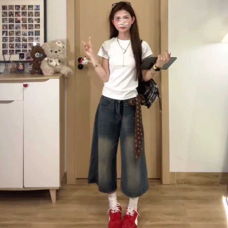 矮个子美式牛仔七分裤百搭显瘦150cm高腰宽松阔腿裤高街直筒裤xs