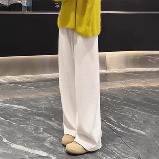 矮小个子米白色抽绳阔腿裤 加厚保暖145CM高腰垂感休闲糯米拖地裤