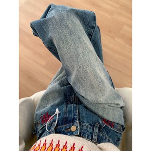 小个子烫钉烫钻刺绣阔腿牛仔裤设计感150CM高腰宽松直筒拖地长裤