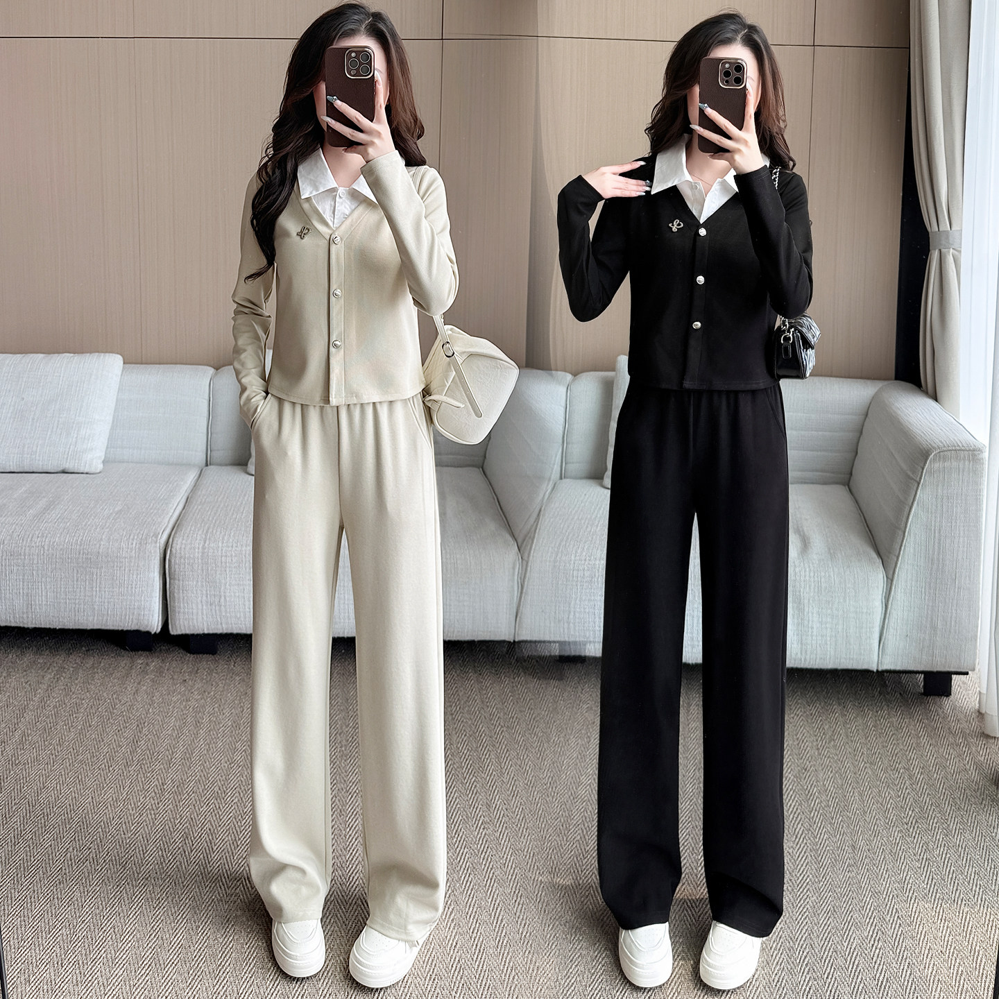 小个子显瘦百搭假两件上衣高腰垂感休闲裤145CM气质简约休闲套装