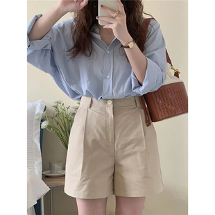 145矮小个子法式蓝色衬衣开衫外套女150叠穿衬衫chic长袖上衣xs夏