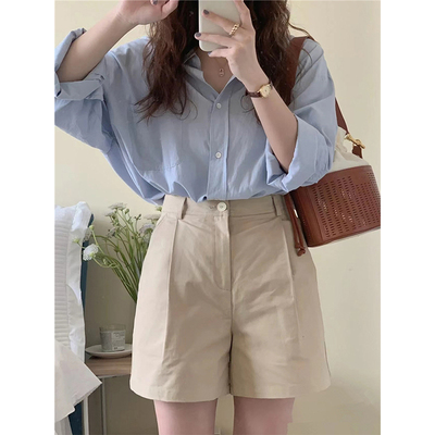 145矮小个子法式蓝色衬衣开衫外套女150叠穿衬衫chic长袖上衣xs夏