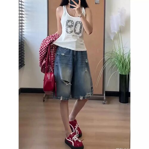 小个子美式复古破洞直筒五分牛仔短裤百搭高腰显瘦宽松阔腿中裤XS