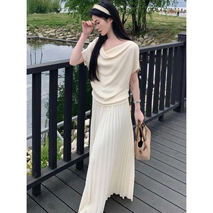 小个子夏季时尚套装ootd洋气显瘦斜肩针织上衣百褶半身裙两件套XS