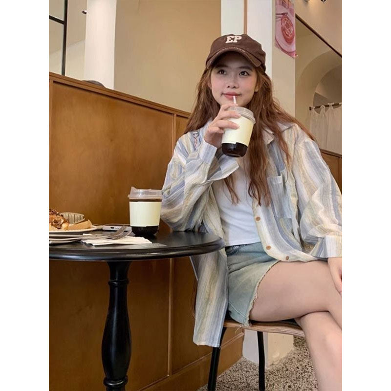 145矮小个子法式条纹polo衬衫女150薄款防晒外套宽松长袖衬衣xs夏