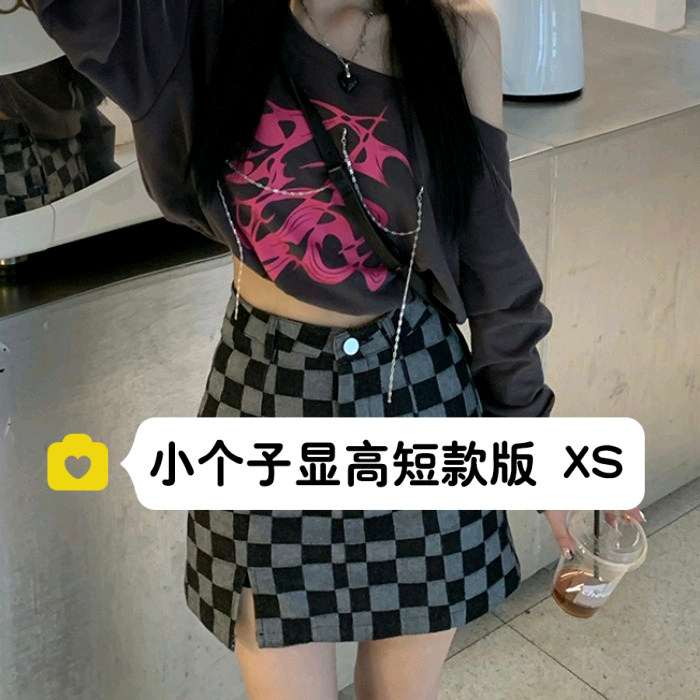145小个子高腰开叉棋盘格牛仔短裙150显高防走光包臀半身裙XXS秋