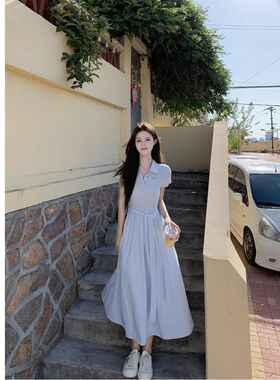 矮小个子韩系甜美风Polo领连衣裙收腰短袖裙子浅蓝色显瘦a字长裙