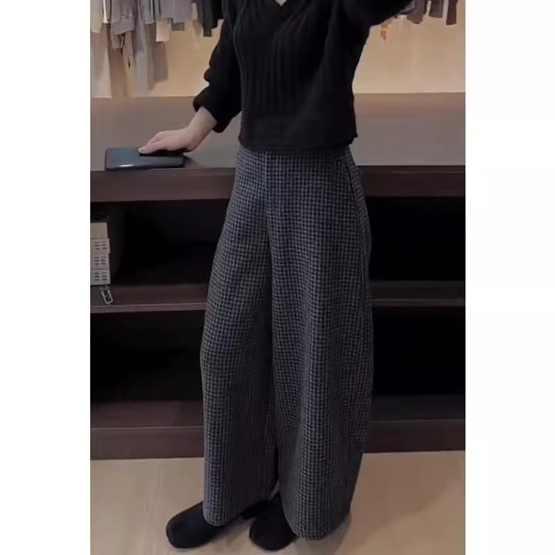 矮个子韩系格子毛呢裤加绒百搭145高腰九分休闲阔腿裤萝卜气球裤