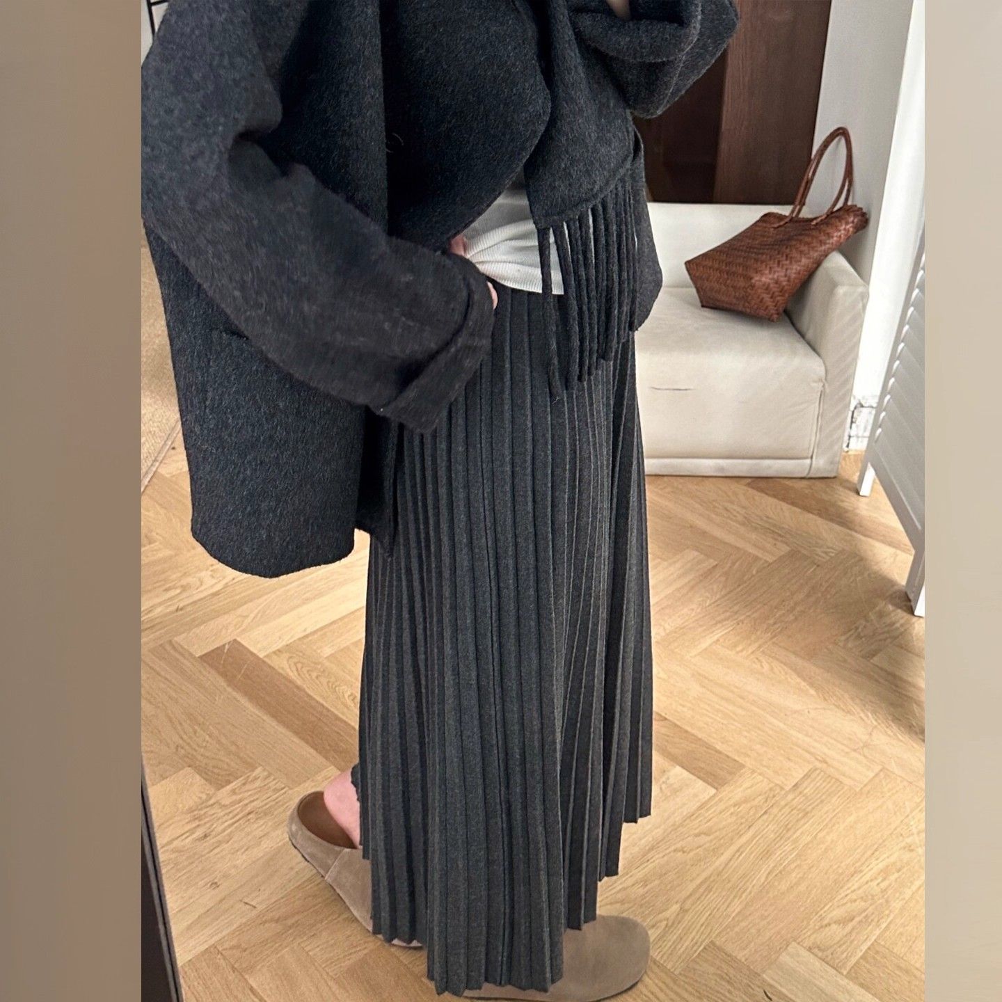 秋冬新款145小个子学院风毛呢半身裙150高腰垂感a字百褶中长裙xs