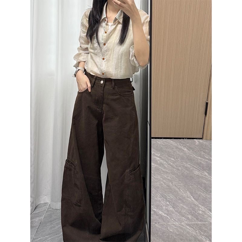 小个子美式复古直筒休闲工装牛仔裤百搭高腰宽松垂感拖地阔腿裤XS