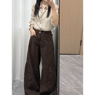 小个子美式复古直筒休闲工装牛仔裤百搭高腰宽松垂感拖地阔腿裤XS