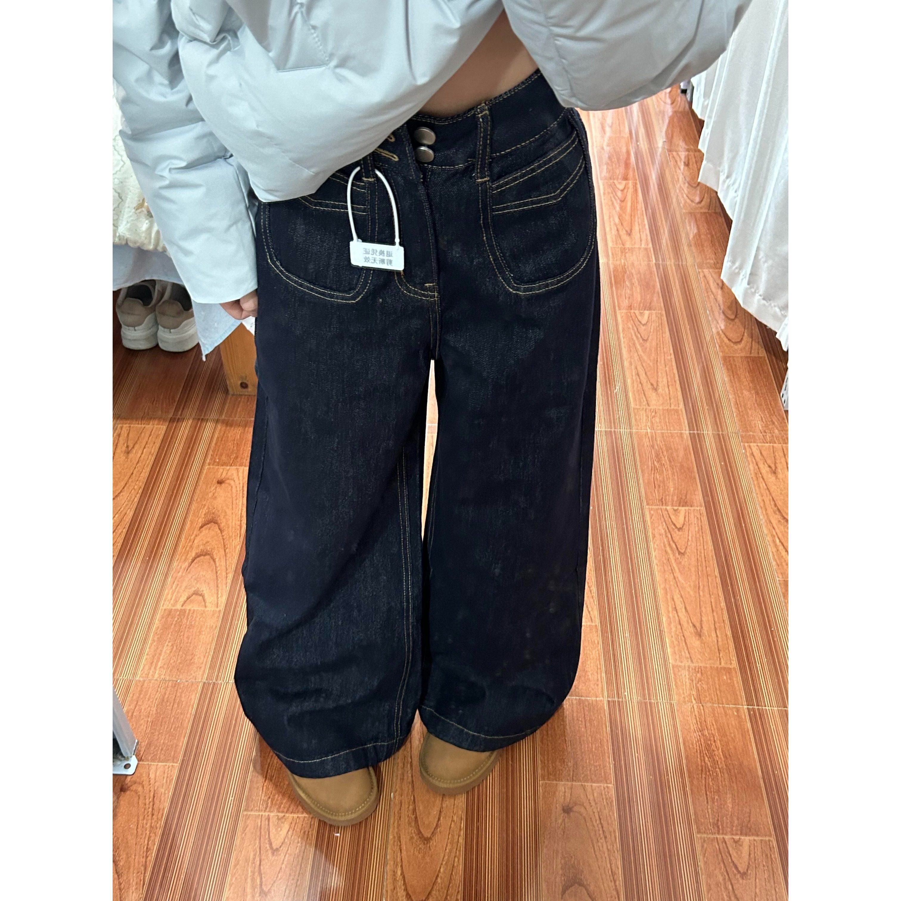 小个子美式复古深蓝色阔腿牛仔裤145CM显高高腰宽松直筒拖地长裤