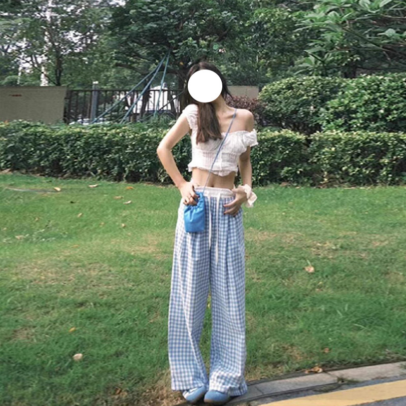春夏新款小个子高腰多巴胺蓝色格子裤撞色直筒阔腿裤休闲裤xxs女