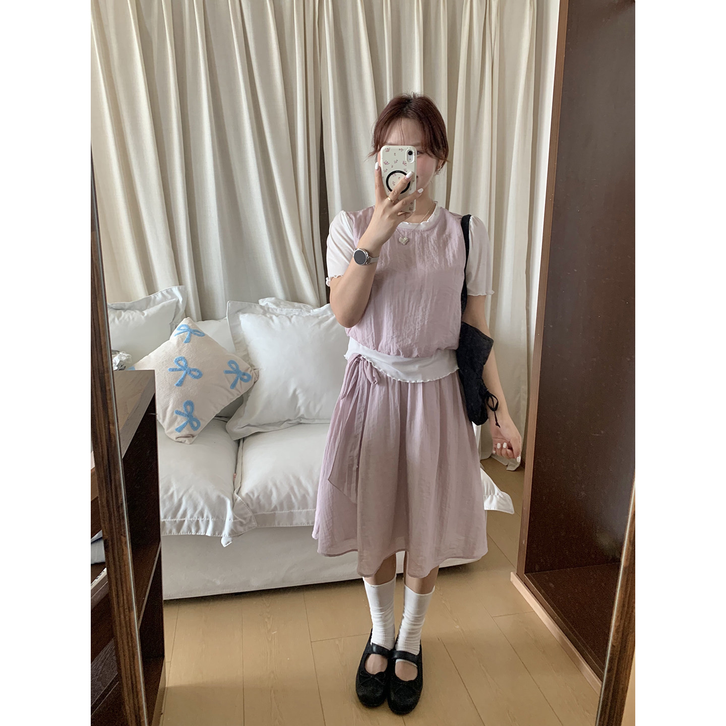 韩女降临矮小个子甜美套装145cm假两件短袖上衣+半裙垂感半身裙XS