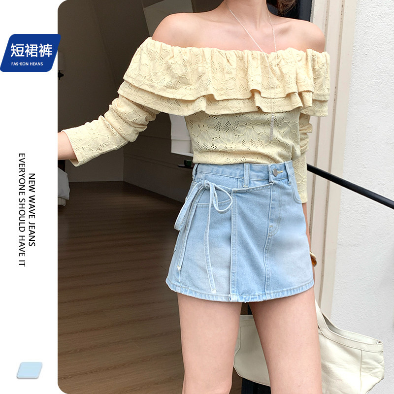 矮个子高腰奶蓝色牛仔短裙裤设计感绑带145防走光百搭显瘦A字裤裙