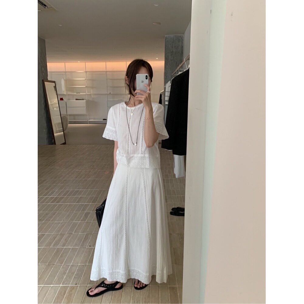 小个子显瘦减龄套装蕾丝拼接小衫上衣145高腰气质设计拼接半身裙