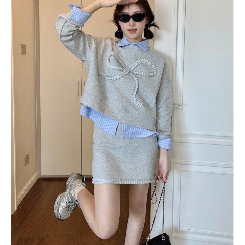 150小矮个子叠穿短款卫衣条纹衬衫花边半身裙时尚三件套显高xs女
