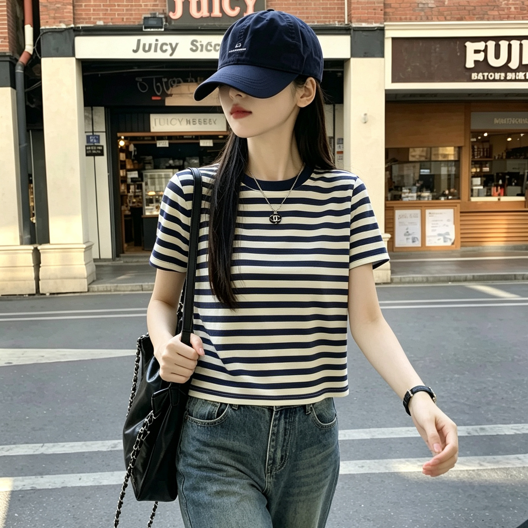 矮个子条纹撞色正肩短袖T恤女装150cm韩系修身显瘦圆领宽松上衣XS