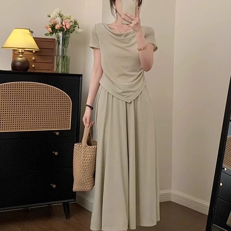 小个子145不规则设计感短袖T恤半身裙150韩系慵懒风休闲两件套女
