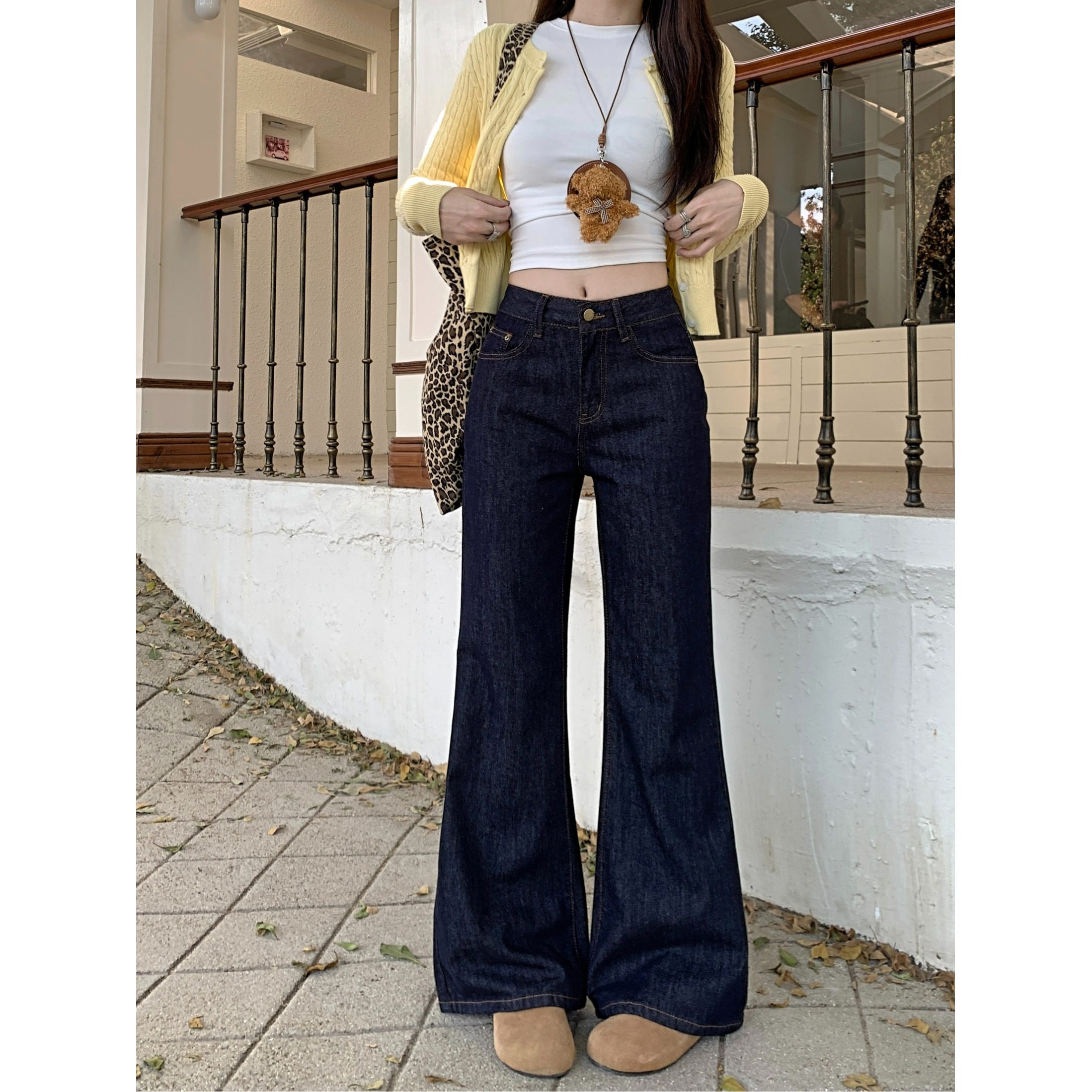 145小个子美式复古深蓝色微喇叭牛仔裤女150显高宽松直筒长裤xs秋