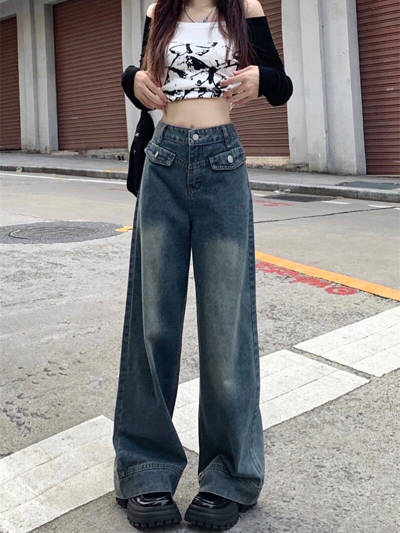 大裤脚牛仔裤女小个子显瘦长裤