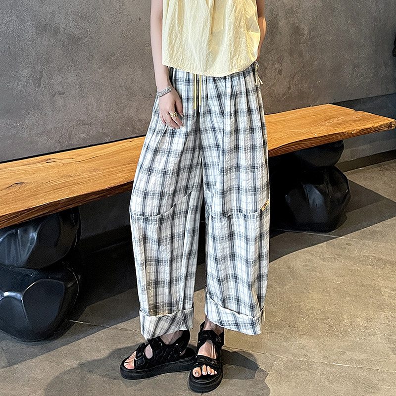150cm小个子复古格子休闲裤高腰宽松阔腿裤慵懒风百搭显瘦直筒裤