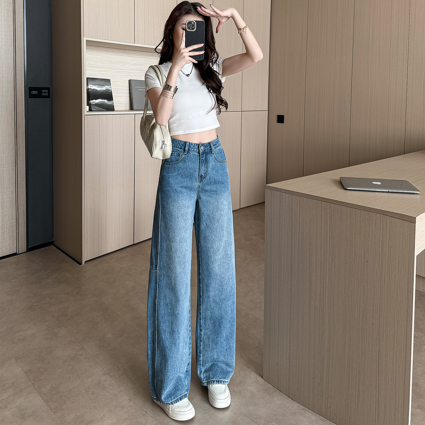 小个子显高高腰弯刀牛仔裤百搭显瘦150CM宽松直筒阔腿香蕉裤XS女