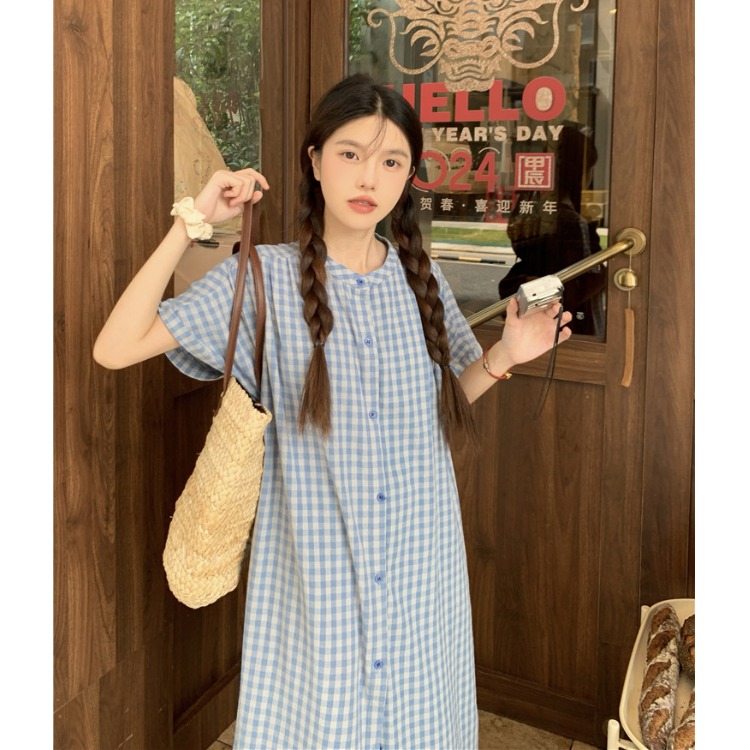 145小矮个子150叠穿韩系圆领格纹长款宽松短袖衬衫连衣裙长裙xs夏
