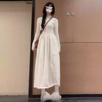 法式半高领针织毛衣白色连衣裙子女装早秋2024年新款内搭长裙秋冬