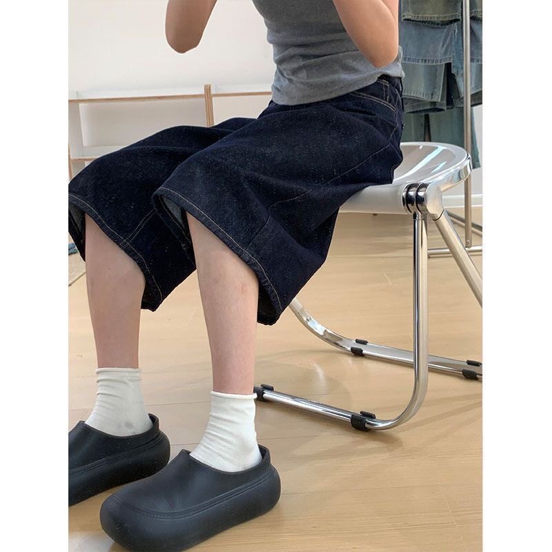 小个子美式复古深蓝色阔腿牛仔短裤150cm高腰宽松显瘦七分中裤子