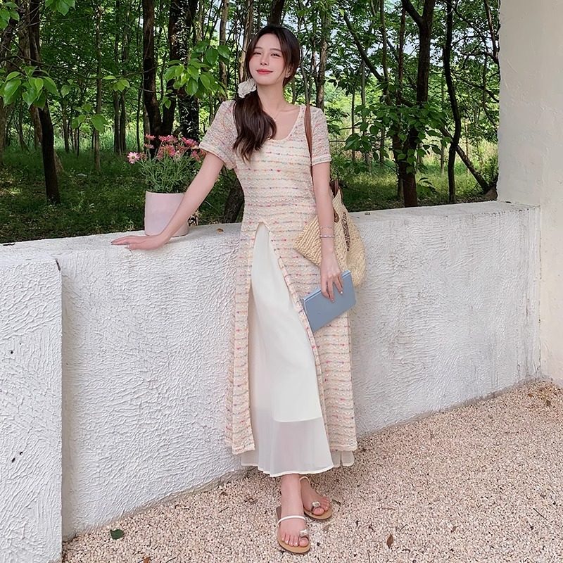 小个子145法式叠穿半身裙套装女150设计感开叉连衣裙长裙两件套夏