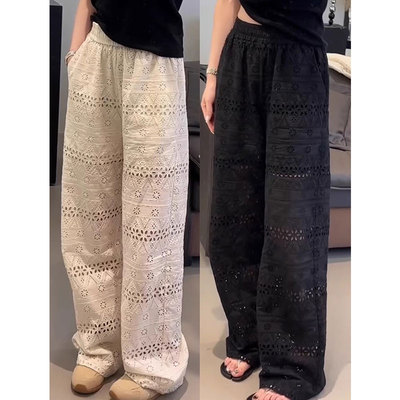 小个子蕾丝镂空阔腿裤百搭显瘦150CM高腰直筒垂感休闲冰丝凉凉裤