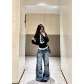 小个子145cm高腰复古设计感裂纹微喇牛仔裤 宽松显瘦喇叭阔腿长裤