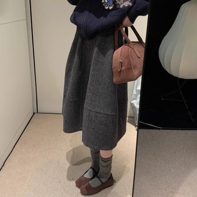 小个子深灰色毛呢花苞半身裙减龄百搭145松紧高腰宽松a字中长伞裙
